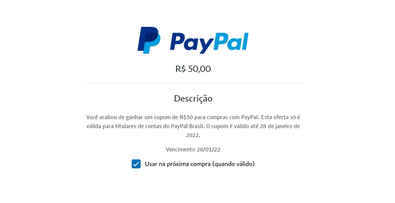 cupom 50 paypal
